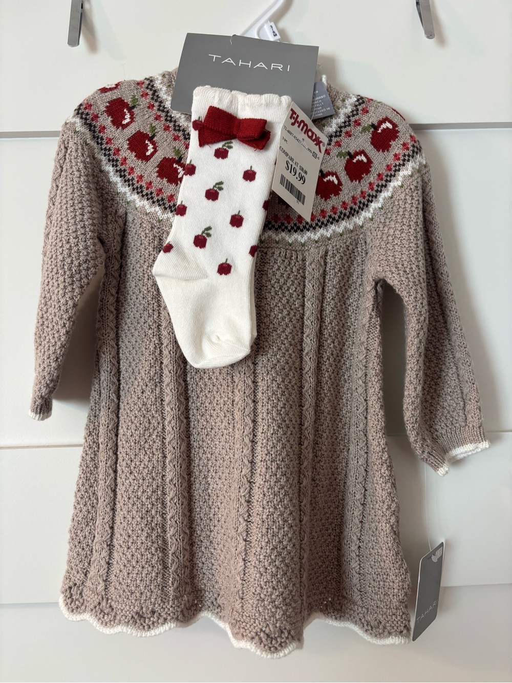 3 PC Tahari Taupe Knit Dress with Red Apple Yoke and White Socks with hat